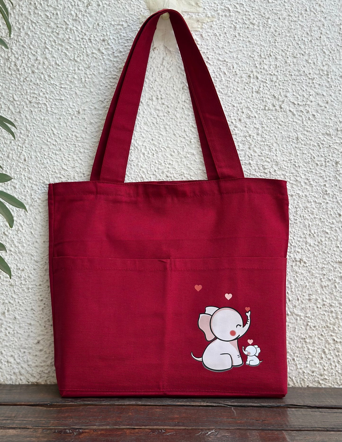 Horizontal: Elephant Maroon tote bag | Cotton Canvas