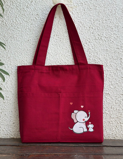 Horizontal: Elephant Maroon tote bag | Cotton Canvas