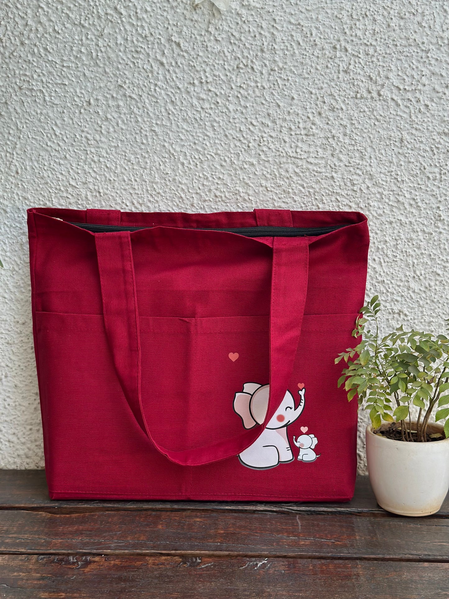 Horizontal: Elephant Maroon tote bag | Cotton Canvas