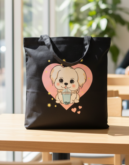 Black Cute Dog Vertical Tote Bag| Twill Cotton