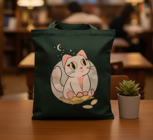 Vertical Kitty Tote Bag | Dark Green| Twill Cotton