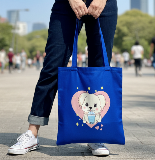 Blue vertical Cute Dog Tote Bag| Twill Cotton