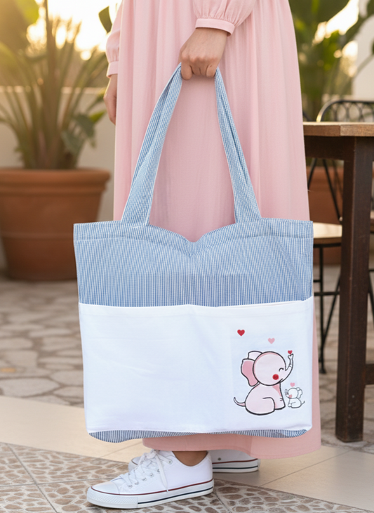 Elephant White Tote bag | Horizontal| Twill Cotton