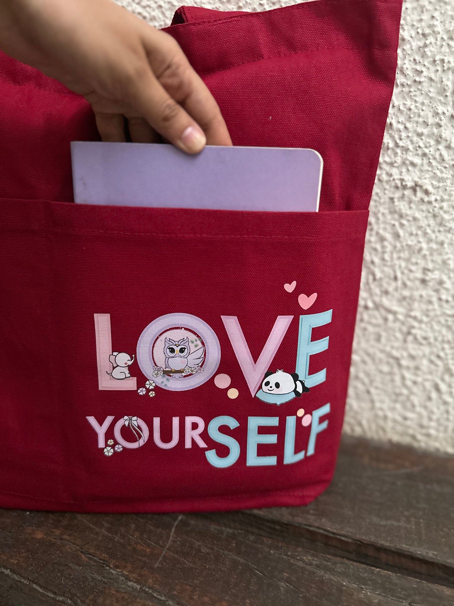 Horizontal: Loveyourself Maroon tote bag | Cotton Canvas