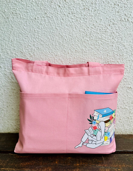 Horizontal Pink Library Tote bag | Cotton Canvas