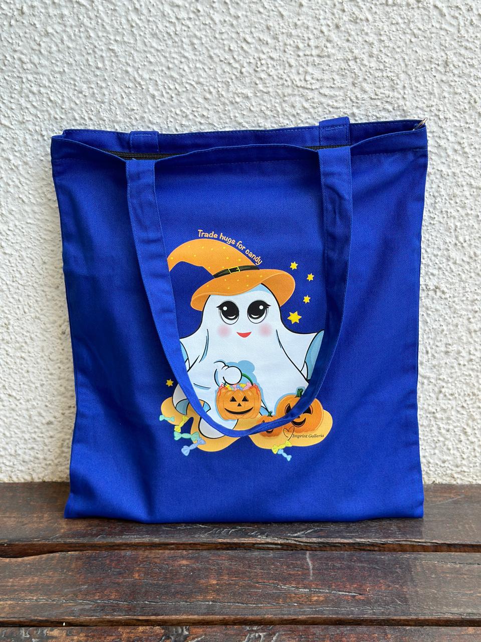 Vertical Halloween "Trade hugs for candy" Tote Bag