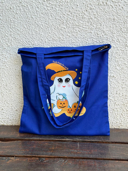 Vertical Halloween "Trade hugs for candy" Tote Bag