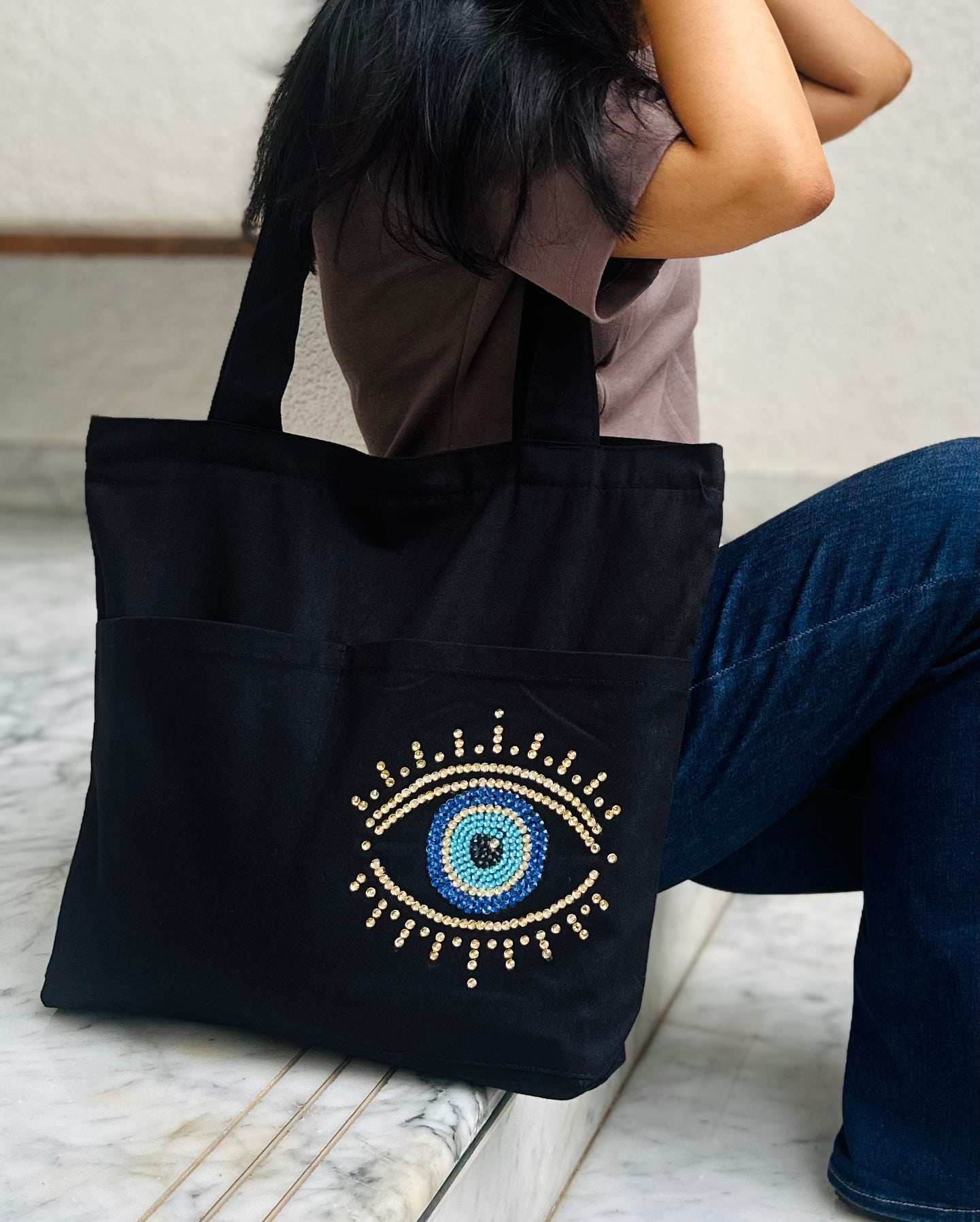 Bedazzled Horizontal Black Evil eye | Twill Cotton