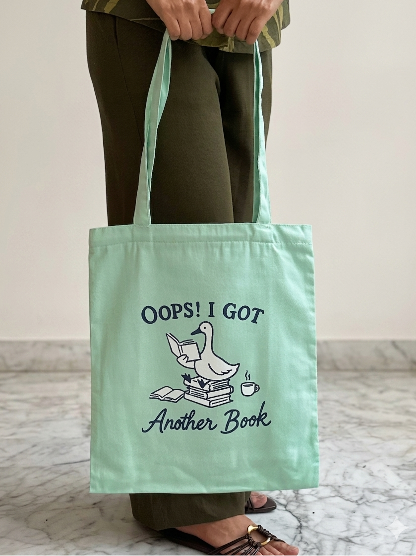 “Oops I got another book: duck” vertical | White tote bag| Twill Cotton